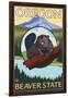 Beaver and Mount Hood Scene-Lantern Press-Framed Art Print