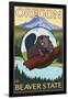 Beaver and Mount Hood Scene-Lantern Press-Framed Art Print