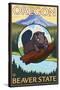 Beaver and Mount Hood Scene-Lantern Press-Stretched Canvas