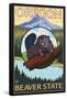 Beaver and Mount Hood Scene-Lantern Press-Framed Stretched Canvas