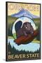 Beaver and Mount Hood Scene-Lantern Press-Stretched Canvas