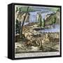 Beaver-Built Dams near Niagara Falls. Start 1700. Colouring Engraving of the 19Th Century.-null-Framed Stretched Canvas