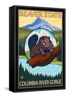 Beaver & Mt. Hood, Columbia River Gorge, OR-Lantern Press-Framed Stretched Canvas