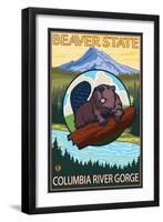 Beaver & Mt. Hood, Columbia River Gorge, OR-Lantern Press-Framed Art Print