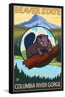 Beaver & Mt. Hood, Columbia River Gorge, OR-Lantern Press-Framed Stretched Canvas