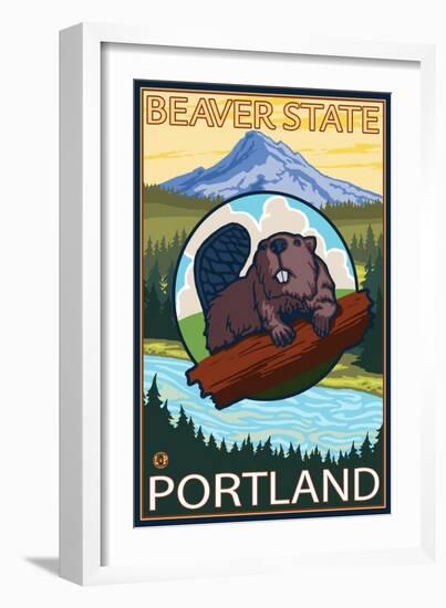 Beaver & Mt. Hood, Portland, Oregon-Lantern Press-Framed Art Print