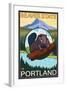 Beaver & Mt. Hood, Portland, Oregon-Lantern Press-Framed Art Print