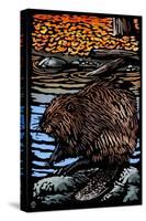 Beaver - Scratchboard-Lantern Press-Stretched Canvas