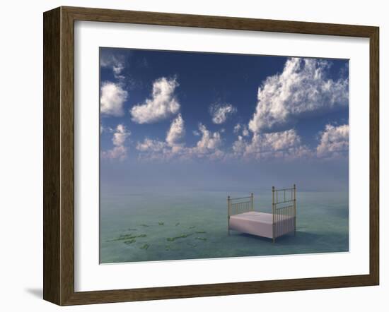 Bed In Surreal Peaceful Landscape-rolffimages-Framed Art Print