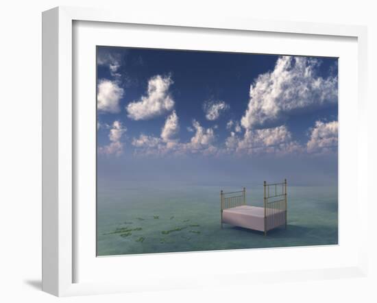 Bed In Surreal Peaceful Landscape-rolffimages-Framed Art Print