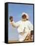 Bedouin Man Kneels on Top of a Sand Dune in the Desert-John Warburton-lee-Framed Stretched Canvas