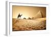 Bedouin on Camel near Pyramids in Desert-Givaga-Framed Photographic Print