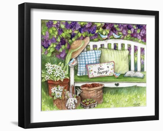 Bee Happy Bench In Lilacs and Birds-Melinda Hipsher-Framed Giclee Print