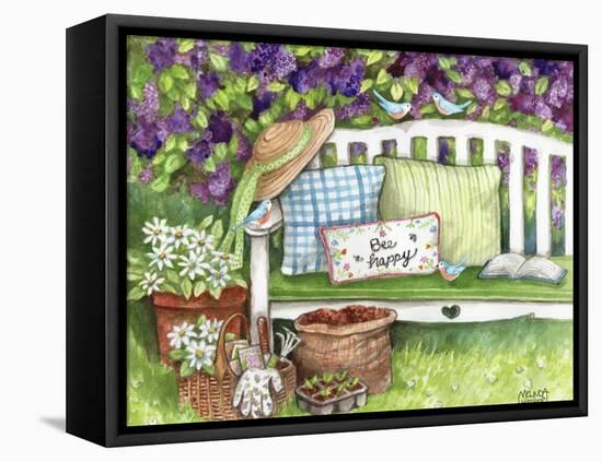 Bee Happy Bench In Lilacs and Birds-Melinda Hipsher-Framed Stretched Canvas