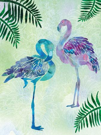 A pair of Blue Coast Flamingos with Palm fronds