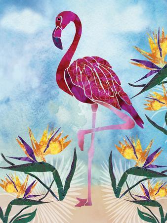 Pink Flamingo with Birds of Paradise flowers