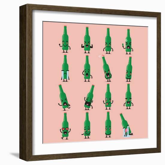 Beer Bottle Character Emoji Set. Funny Cartoon Emoticons-Sira Anamwong-Framed Art Print