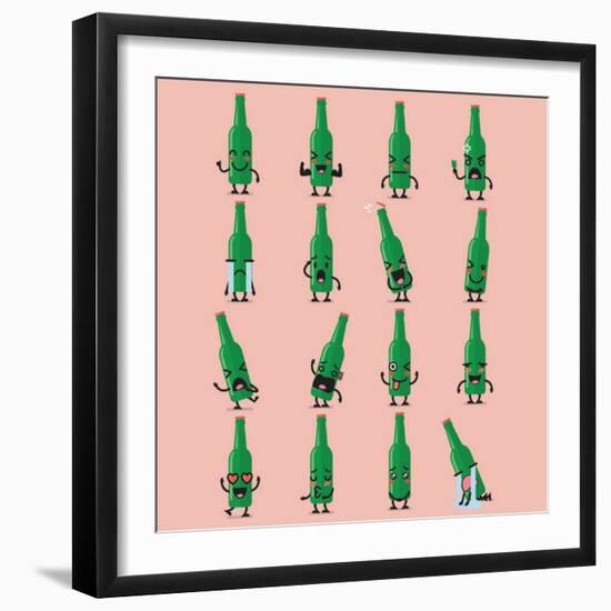 Beer Bottle Character Emoji Set. Funny Cartoon Emoticons-Sira Anamwong-Framed Art Print