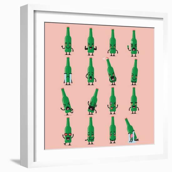 Beer Bottle Character Emoji Set. Funny Cartoon Emoticons-Sira Anamwong-Framed Art Print