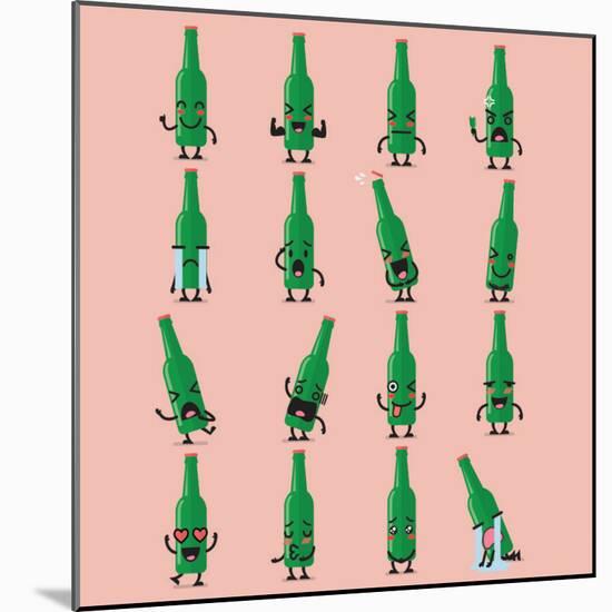 Beer Bottle Character Emoji Set. Funny Cartoon Emoticons-Sira Anamwong-Mounted Art Print