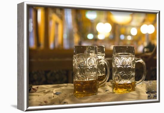 Beer mugs in a beer tent, Oktoberfest-Christine Meder stage-art.de-Framed Photographic Print