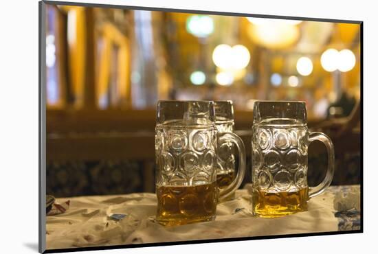 Beer mugs in a beer tent, Oktoberfest-Christine Meder stage-art.de-Mounted Photographic Print