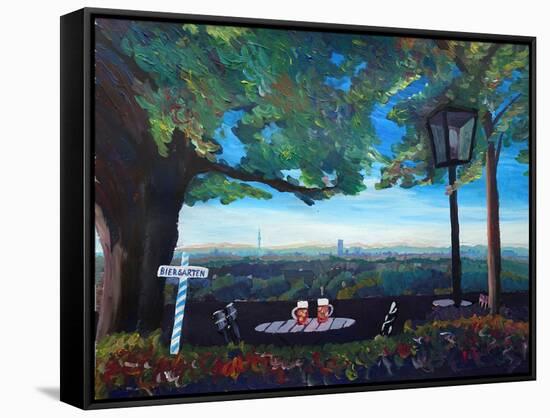 Beergarden with View of Munich Skylines with Alps-Markus Bleichner-Framed Stretched Canvas