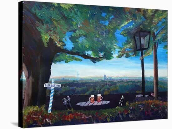 Beergarden with View of Munich Skylines with Alps-Markus Bleichner-Stretched Canvas