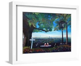 Beergarden with View of Munich Skylines with Alps-Markus Bleichner-Framed Art Print