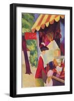 Before Hutladen (Woman with a Red Jacket and Child)-Auguste Macke-Framed Art Print