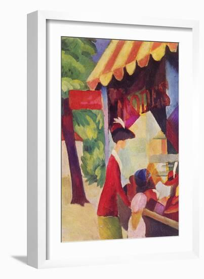 Before Hutladen (Woman with a Red Jacket and Child)-Auguste Macke-Framed Art Print