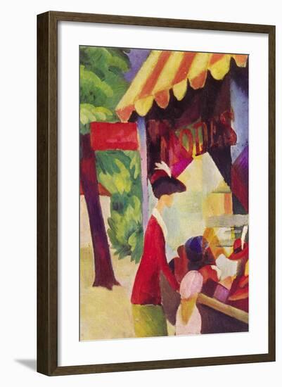 Before Hutladen (Woman with a Red Jacket and Child)-Auguste Macke-Framed Art Print