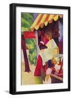 Before Hutladen (Woman with a Red Jacket and Child)-Auguste Macke-Framed Art Print