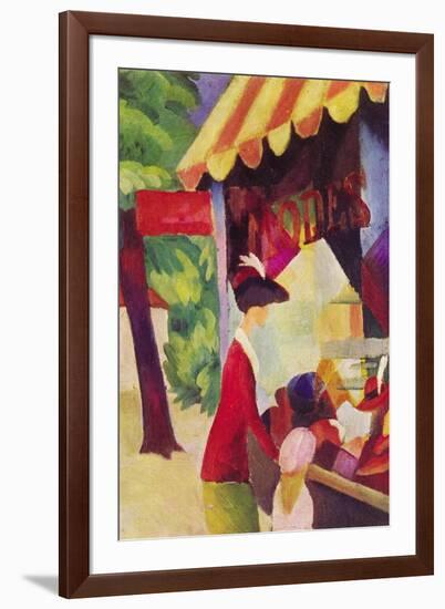 Before Hutladen (Woman with a Red Jacket and Child)-Auguste Macke-Framed Art Print