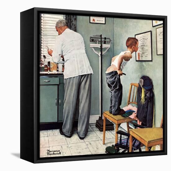 "Before the Shot" or "At the Doctor's" Saturday Evening Post Cover, March 15,1958-Norman Rockwell-Framed Stretched Canvas