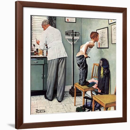 "Before the Shot" or "At the Doctor's" Saturday Evening Post Cover, March 15,1958-Norman Rockwell-Framed Giclee Print