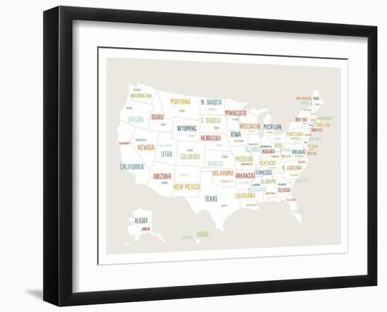 Beige USA Map-Kindred Sol Collective-Framed Art Print