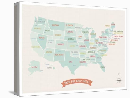 Beige USA Travel Map-Kindred Sol Collective-Stretched Canvas