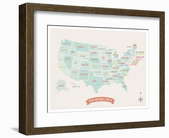 Beige USA Travel Map-Kindred Sol Collective-Framed Art Print