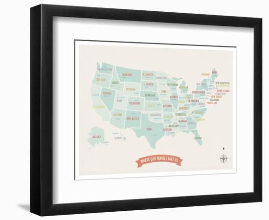 Beige USA Travel Map-Kindred Sol Collective-Framed Art Print