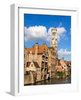 Belgium, Bruges. Belfry of Bruges at the junction of the Groenerei and Dijver canals.-Julie Eggers-Framed Photographic Print