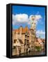 Belgium, Bruges. Belfry of Bruges at the junction of the Groenerei and Dijver canals.-Julie Eggers-Framed Stretched Canvas