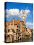 Belgium, Bruges. Belfry of Bruges at the junction of the Groenerei and Dijver canals.-Julie Eggers-Stretched Canvas