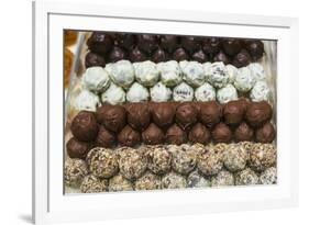 Belgium, Bruges. Belgian chocolate shop-Walter Bibikow-Framed Premium Photographic Print