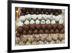 Belgium, Bruges. Belgian chocolate shop-Walter Bibikow-Framed Premium Photographic Print