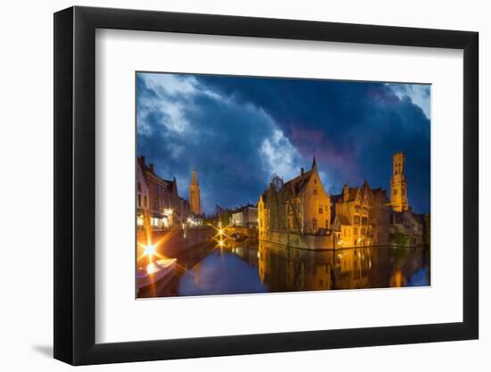 Belgium, Bruges. Buildings reflect in canal at twilight.-Jaynes Gallery-Framed Photographic Print