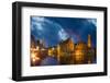 Belgium, Bruges. Buildings reflect in canal at twilight.-Jaynes Gallery-Framed Photographic Print