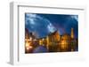 Belgium, Bruges. Buildings reflect in canal at twilight.-Jaynes Gallery-Framed Photographic Print