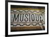 Belgium, Bruges. Music shop street mosaic-Walter Bibikow-Framed Premium Photographic Print