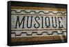 Belgium, Bruges. Music shop street mosaic-Walter Bibikow-Framed Stretched Canvas